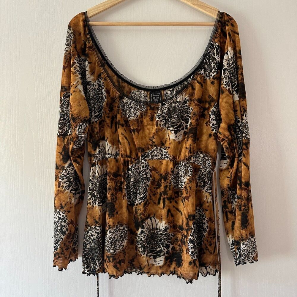 Vintage Suzie in the City Flare Sleeve Cinched Waist Scoop Lace Animal Y2K Large